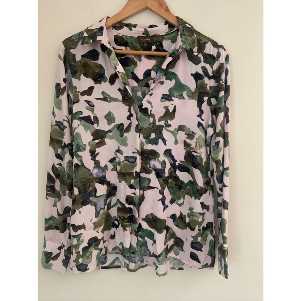 crosby. Green Pink Abstract Camouflage Button Down Rayon Long Sleeve Top